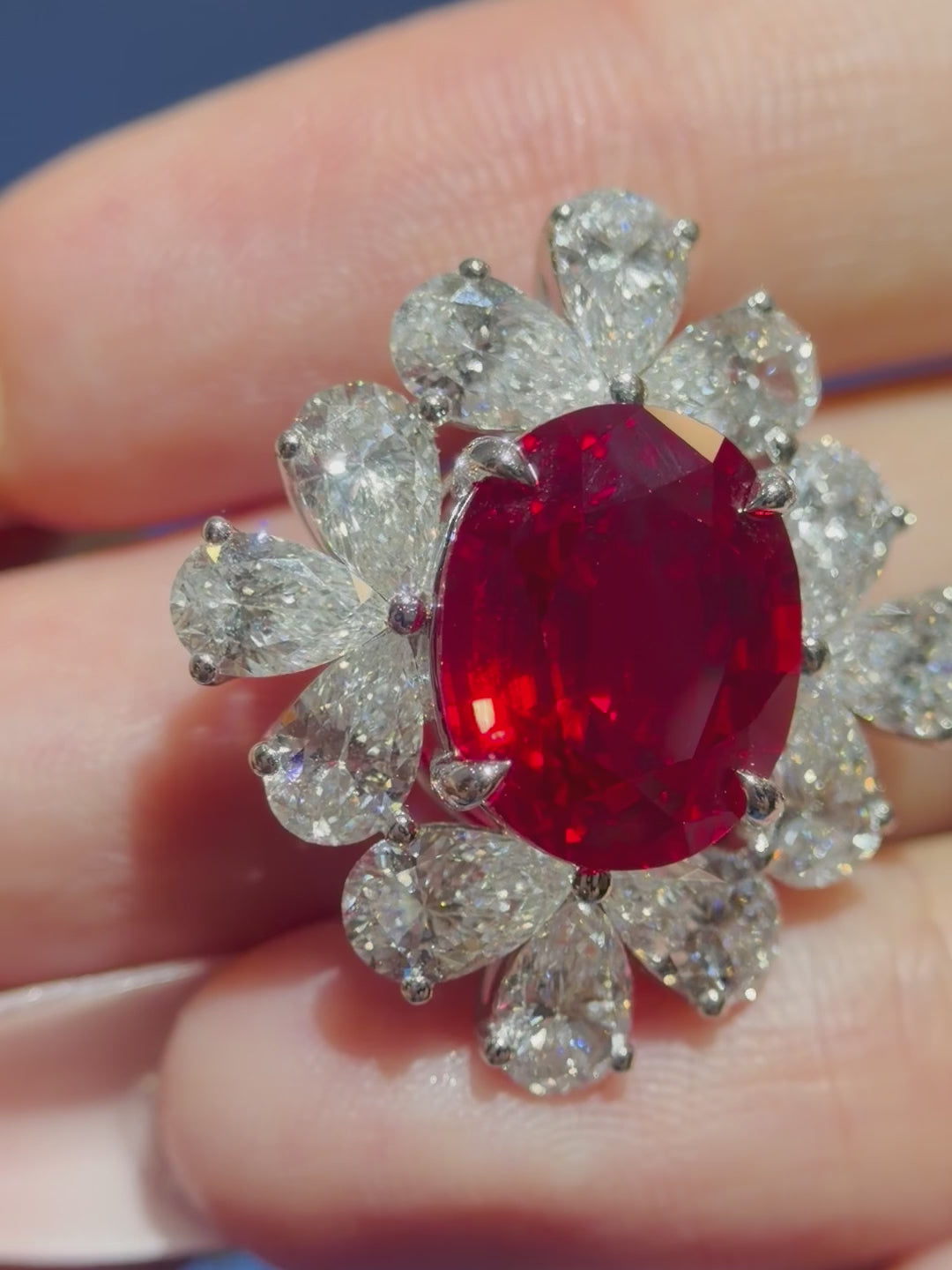 Oval Pigeon Blood Lab-Grown Ruby & Lab-Grown Diamond Cluster Earrings