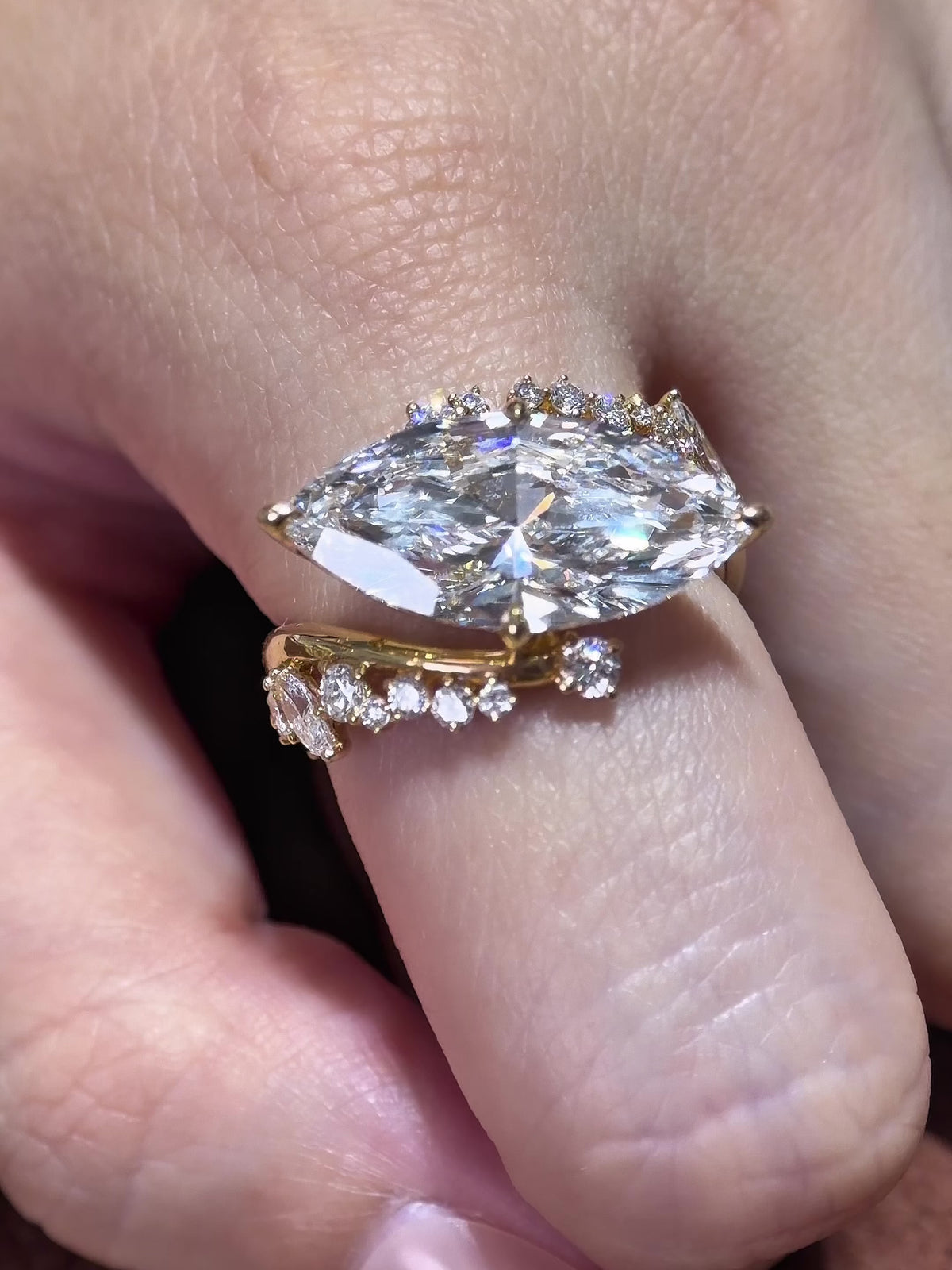 East-West Marquise Cut Bypass Lab-Grown Diamond Engagement Ring with Pavé Band – Custom Lab-Grown Diamond