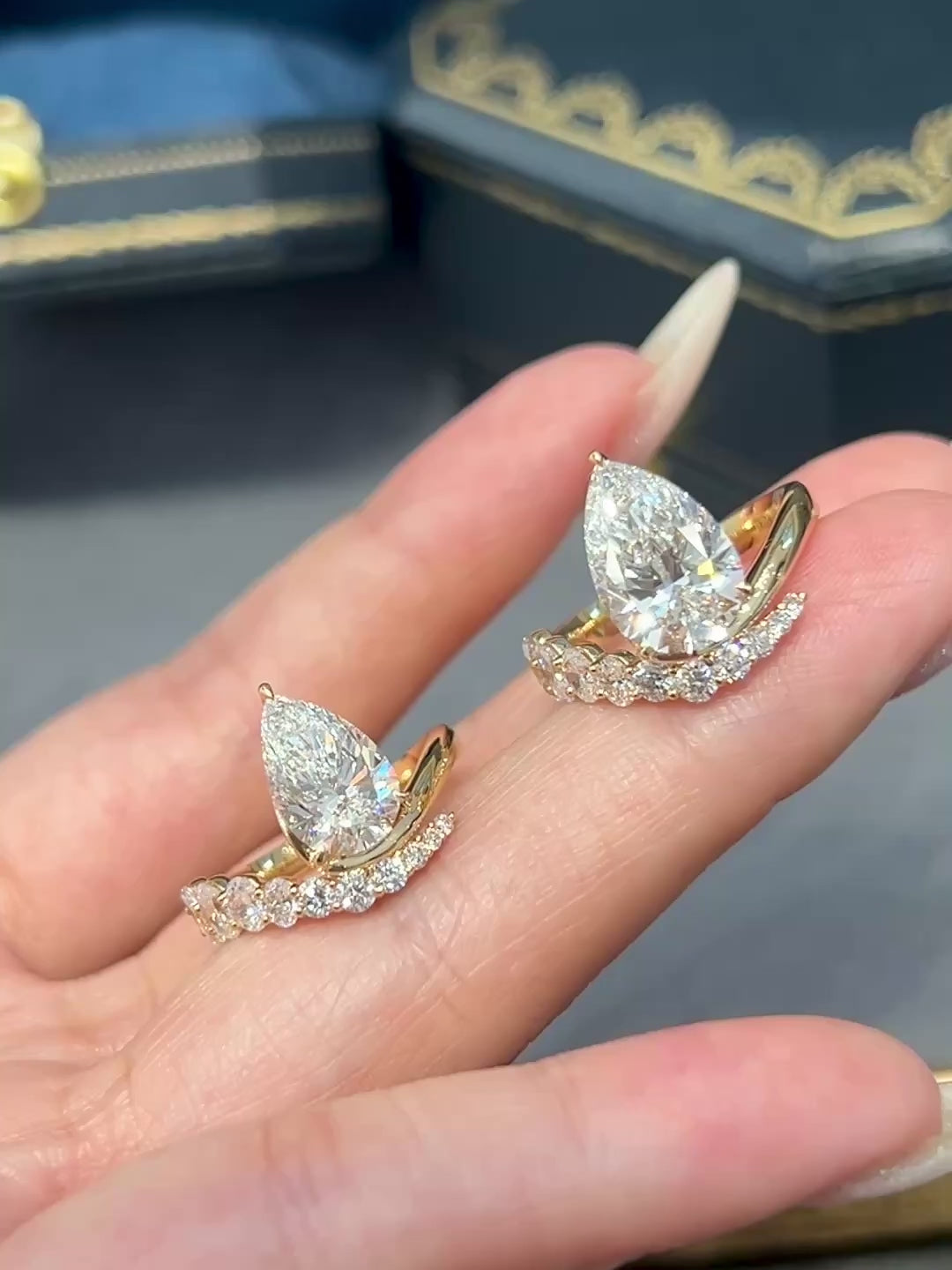 Pear Cut Bypass Engagement Lab-Grown Diamond Ring with Curved Graduated Diamond Band – Custom Lab-Grown Diamond