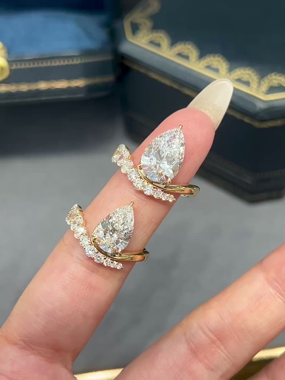Pear Cut Bypass Engagement Lab-Grown Diamond Ring with Curved Graduated Diamond Band – Custom Lab-Grown Diamond