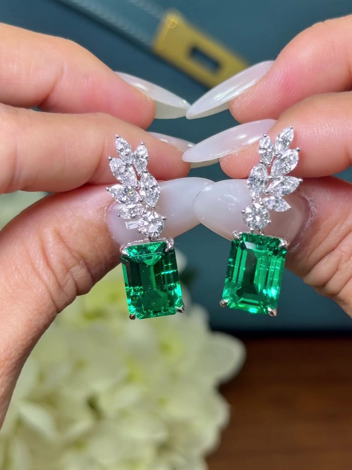 Emerald Cut Hydrothermal Lab-Grown Emerald Botanical High Jewelry Drop Dangle Earrings