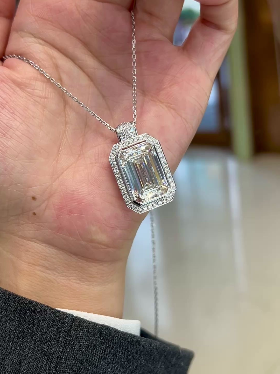 Emerald Cut Lab-Grown Diamond Bezel-Halo High Jewelry Statement Necklace